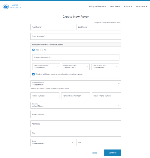 The Create New Payer page where you can add the payer's information.